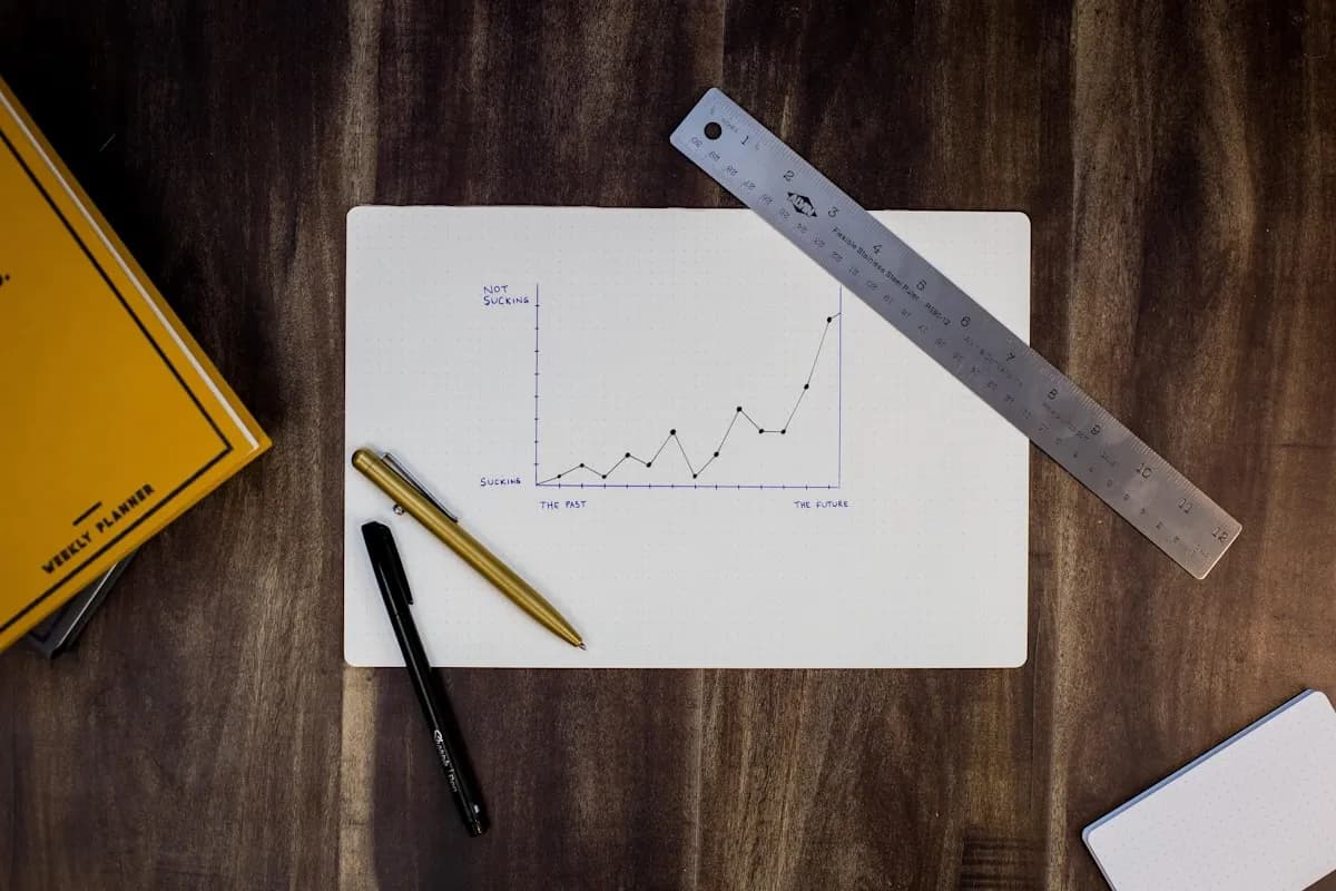 Notebook with a hand-drawn graph beside a ruler and pens